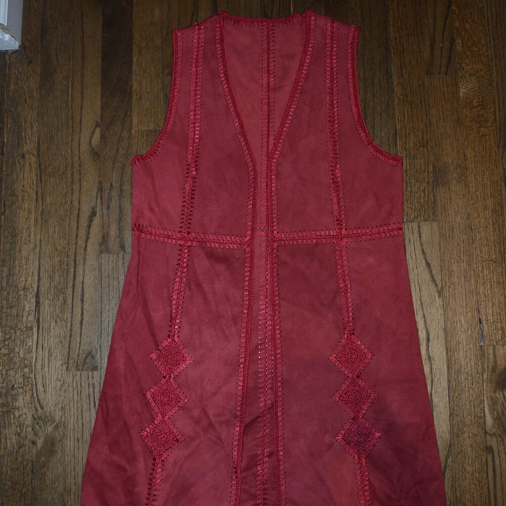 Retro 60's style long Vest~Suede like fabric~Embroidered Panels~NWOT~Medium